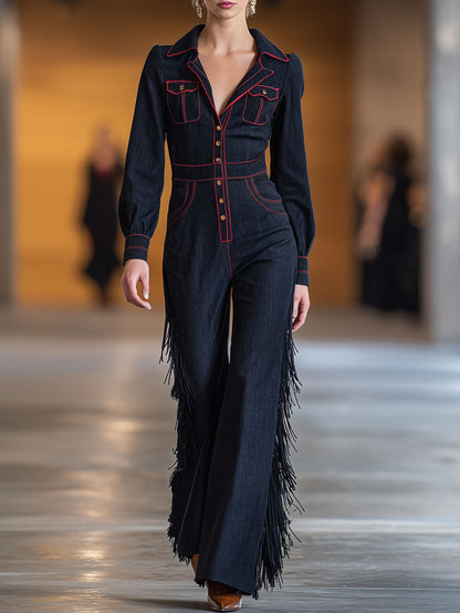 Combinaison Rétro en Denim Marine avec Franges et Surpiqûres
