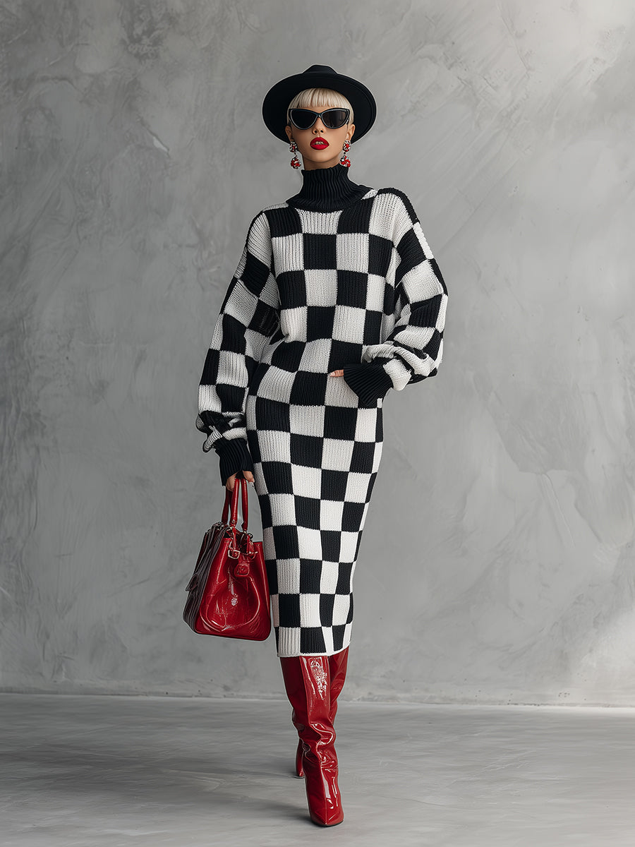 Robe Midi Tricotée à Motif Damier Noir et Blanc : Élégance Rétro et Tendance