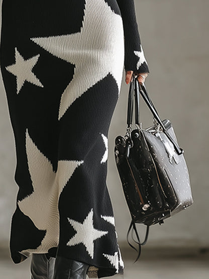 Robe Maxi Tricotée Noire à Zip Demi et Étoiles Éclatantes