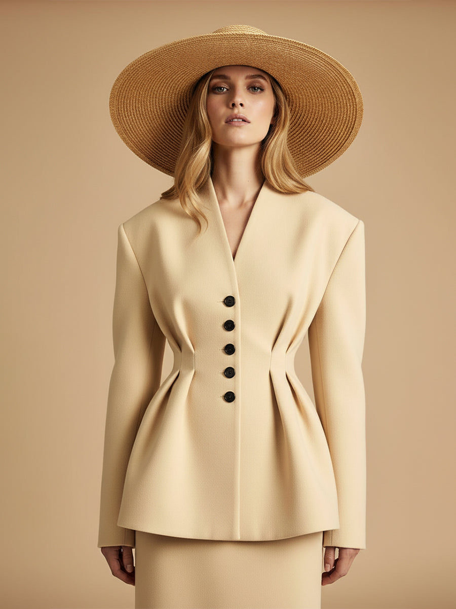 Chic Veste Cintrée en Laine Beige à Col V