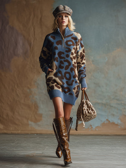 Robe Mini Vintage en Tricot Bleu à Motif Léopard avec Demi-Zip