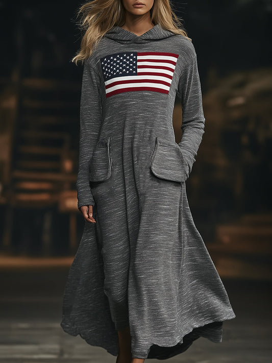 Robe Maxi à Capuche Gris Foncé avec Design de Drapeau Personnalisé