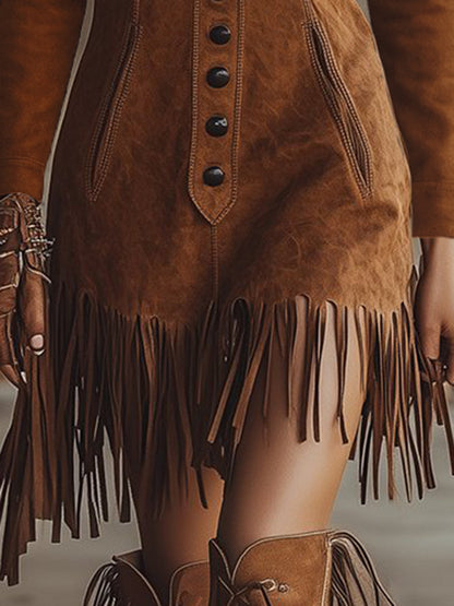 Robe Mini en Suédine Brun à Manches Longues avec Franges Western
