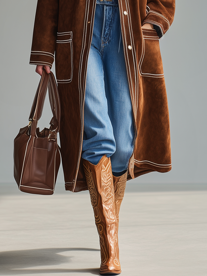 Veste Western Rétro en Faux Suède à Multiples Poches