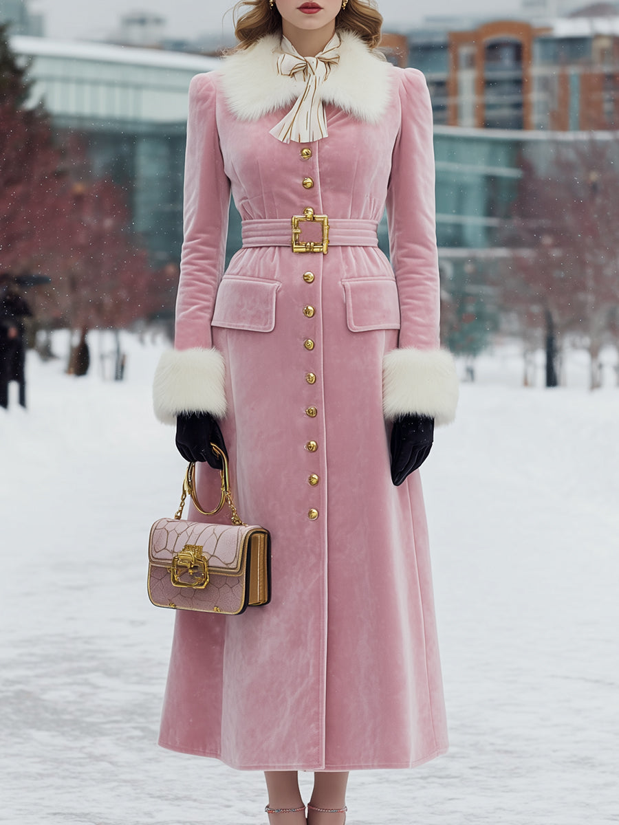 Veste en Velours Rose avec Col et Manches en Fourrure Boutonnées