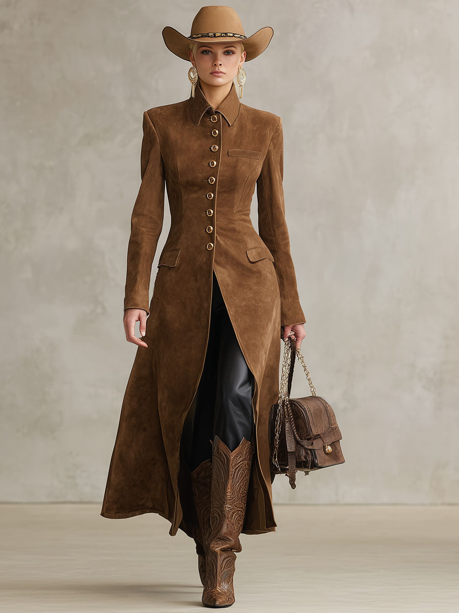 Veste en Faux Suède Style Western avec Col Revers et Boutonnage Simple