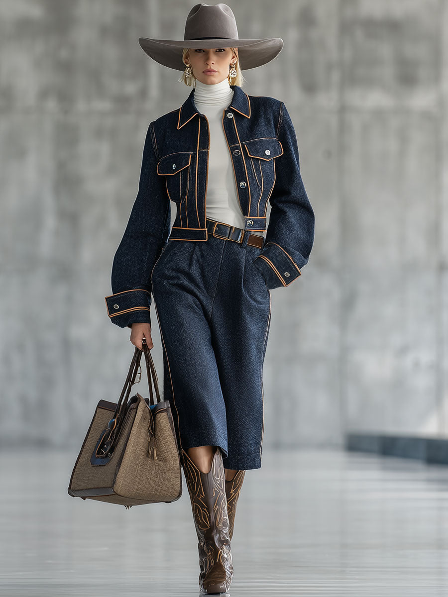 Ensemble Chic en Jean Marine avec Détails Rétro et Pantalon Court