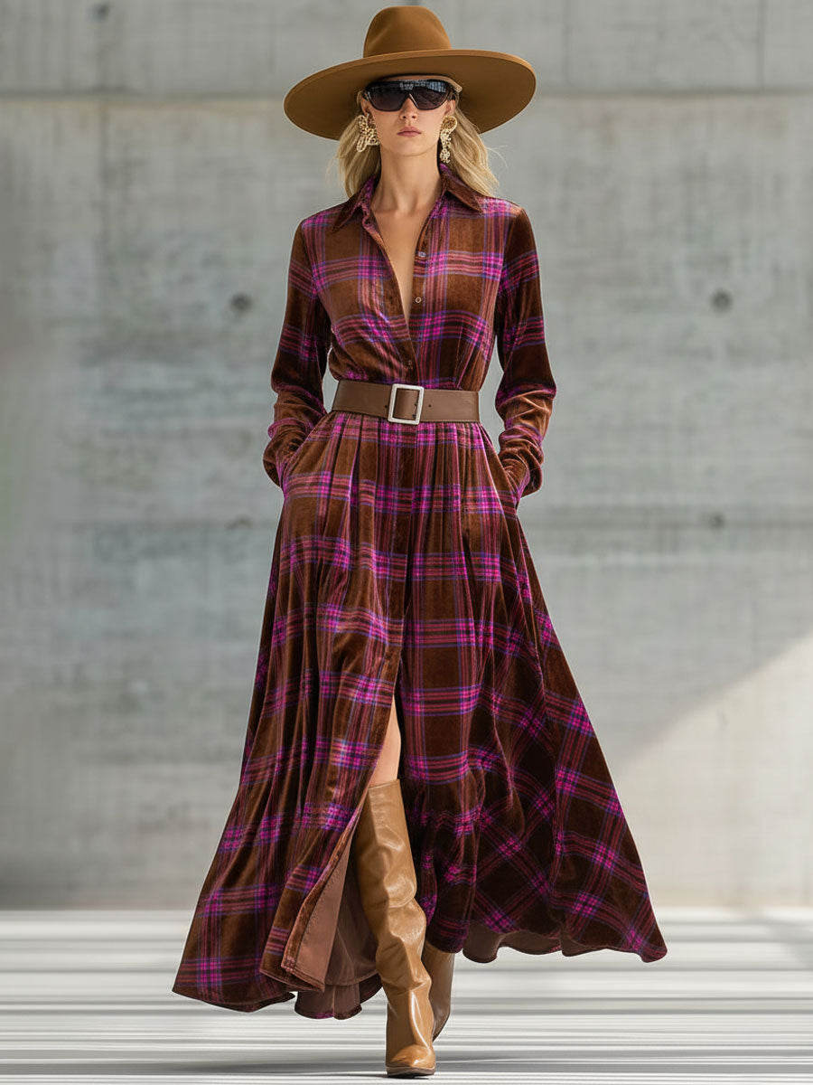 Robe Maxi en Velours à Lacets avec Motif Rétro à Carreaux Roses et Marron