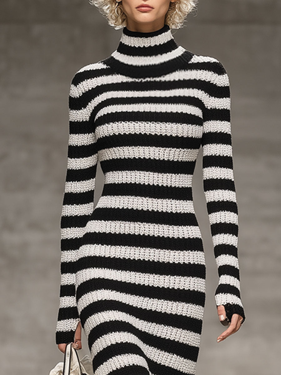 Robe Midi Fishtail Rayée Noir et Blanc à Col Montant - Chic Rétro en Tricot