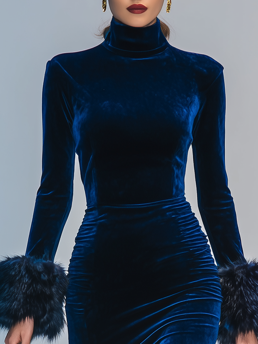 Robe en velours chic et séduisante à col montant, manches longues et fente audacieuse