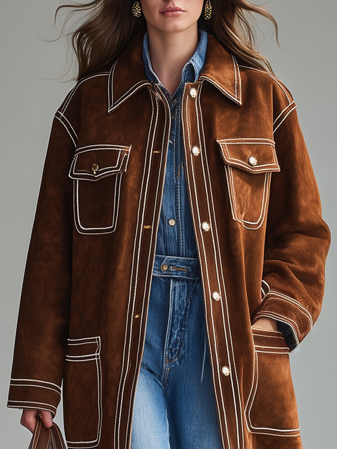 Veste Western Rétro en Faux Suède à Multiples Poches