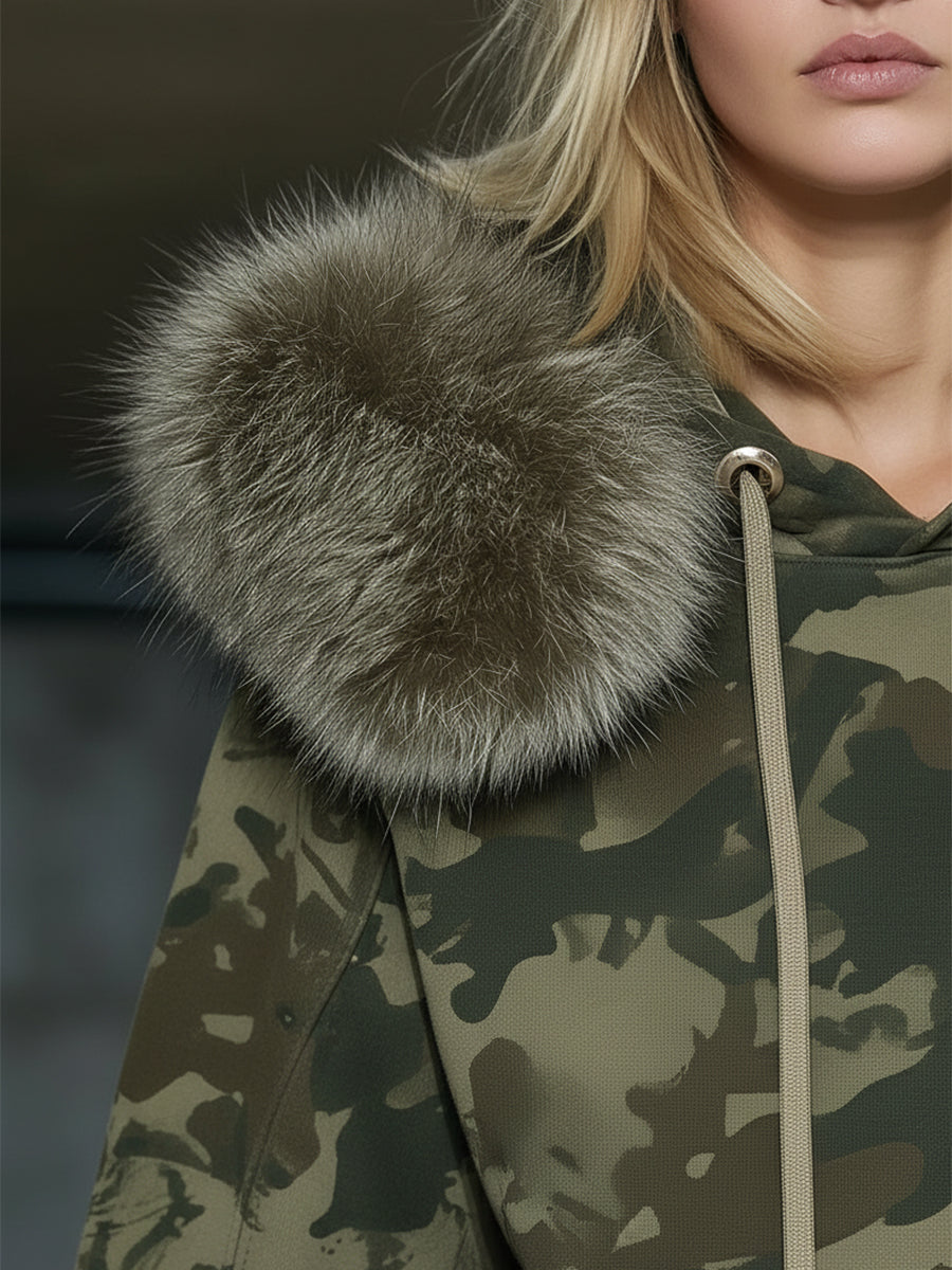 Ensemble Sweatshirt et Pantalon Large Camouflage avec Col en Fourrure Synthétique