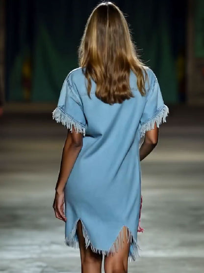Chemise Décontractée en Denim Vintage à Manches Courtes avec Franges - Mini Robe, Expédition en 24 Heures