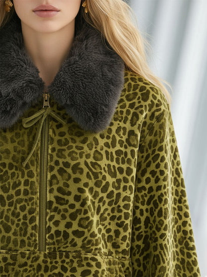 Luxueux Ensemble en Velours à Imprimé Léopard : Sweat à Col en Fausse Fourrure et Pantalon Large