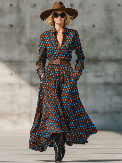 Robe Maxi Chemisier Vintage à Motif Diamant Bleu et Marron