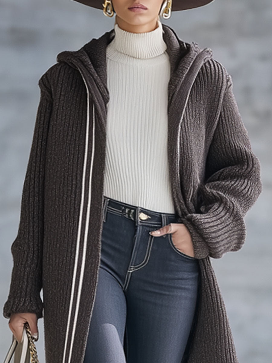Cardigan Vintage en Tricot Chocolat Brun à Capuche Rayée