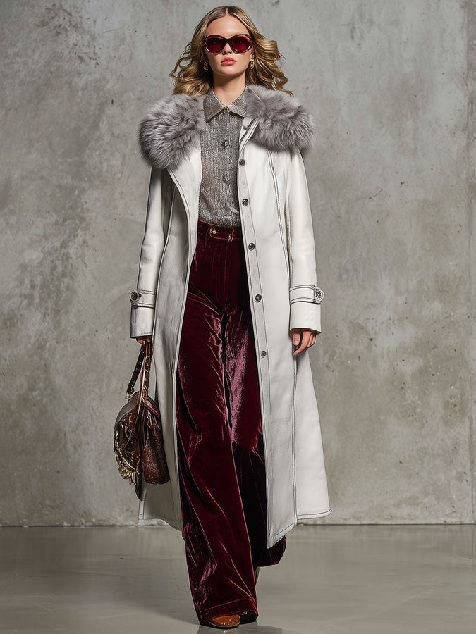 Veste Longue en Simili Cuir Blanc avec Col en Fourrure Vintage Chic