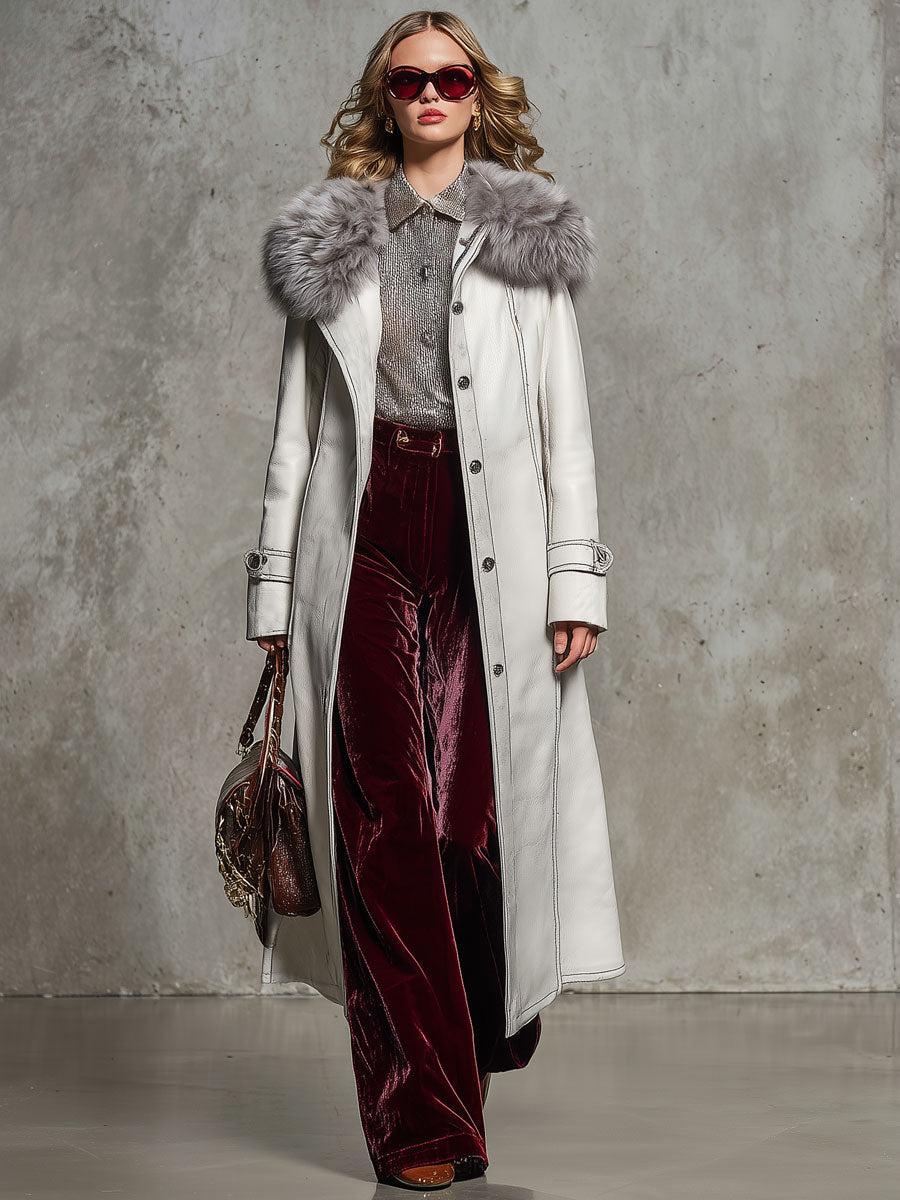 Long White Faux Leather Coat with Retro Fur Collar - Effortlessly Chic