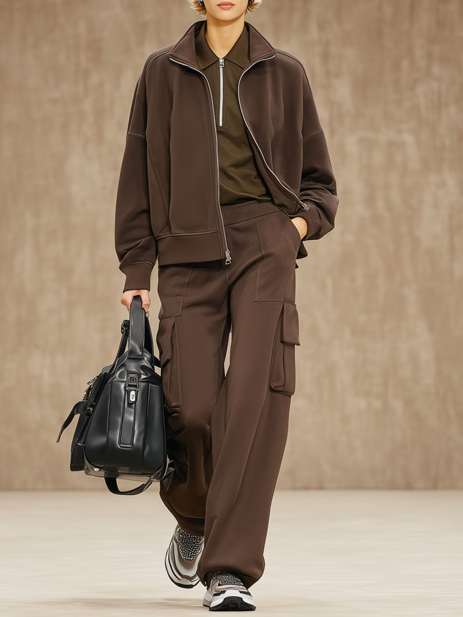 Ensemble Sportif Cocoa Brown : Veste Ample et Pantalons à Poches Multiples