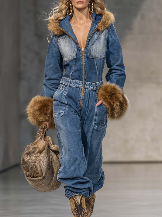 Salopette en denim bleu avec capuche vintage Wild West et poignets en fausse fourrure à zip