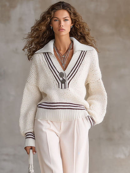 Pull Oversize en Tricot à Col V avec Détails Boutonnés