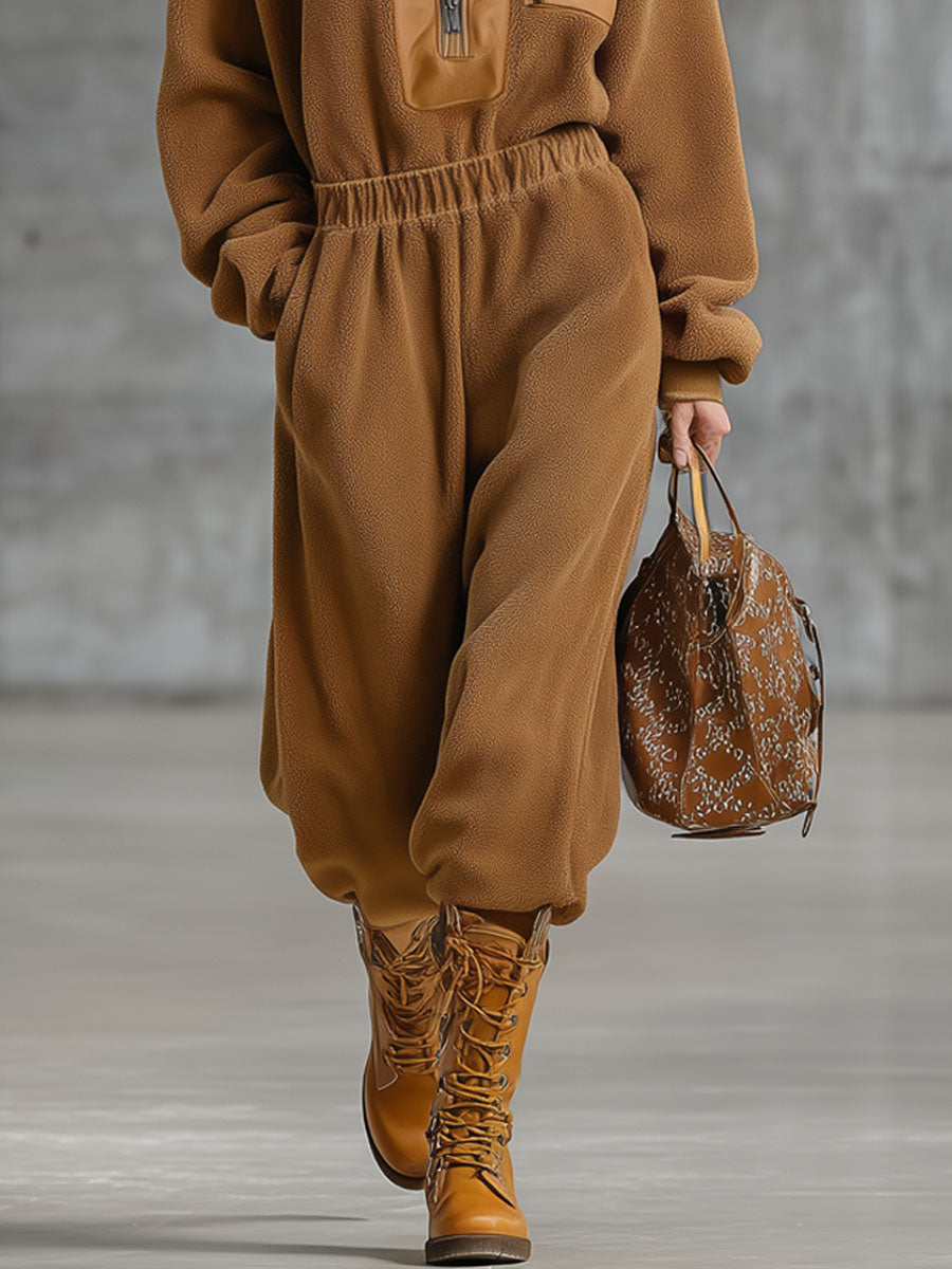 Combinaison Zippée en Polaire Double Face Camel - Style Rétro et Confort Décontracté