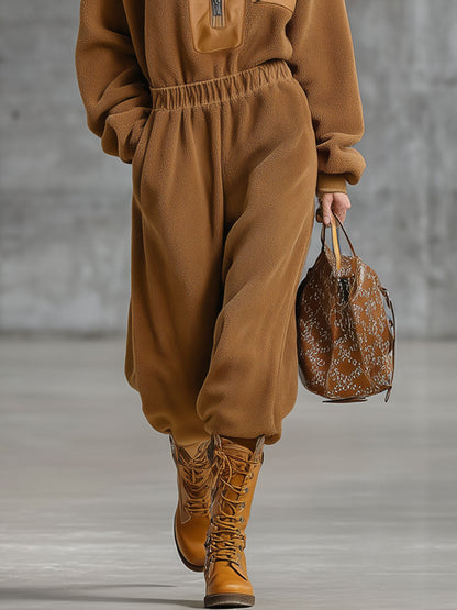 Combinaison Zippée en Polaire Rétro Camel - Style Décontracté et Confort Optimal