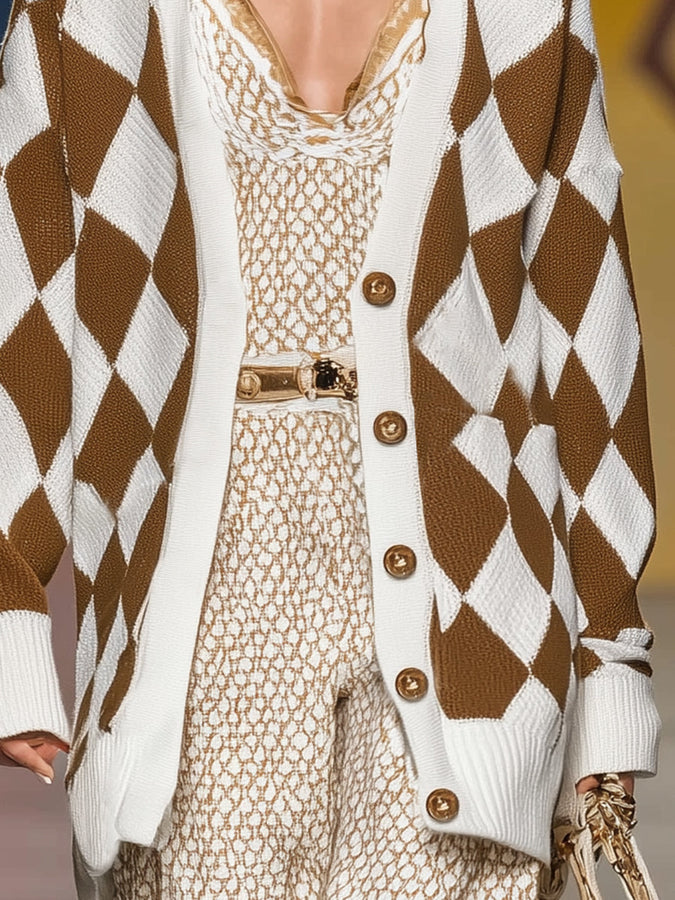 Cardigan Vintage Chic à Motif Losange en Brun et Blanc