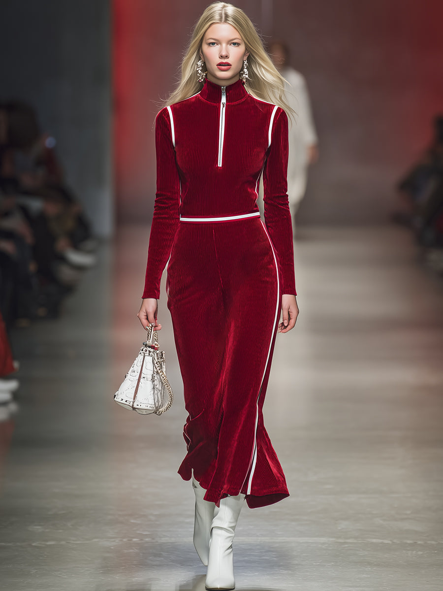 Robe Midi Rouge en Velours Côtelé avec Col Haut et Demi-Fermeture Éclair