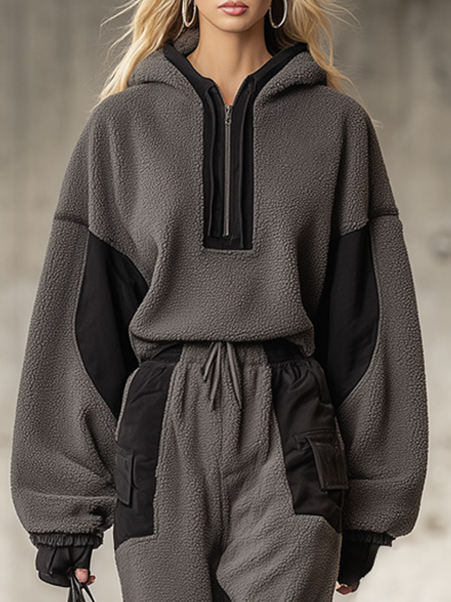 Ensemble Décontracté en Polaire Grise Vintage avec Sweat à Capuche et Pantalon