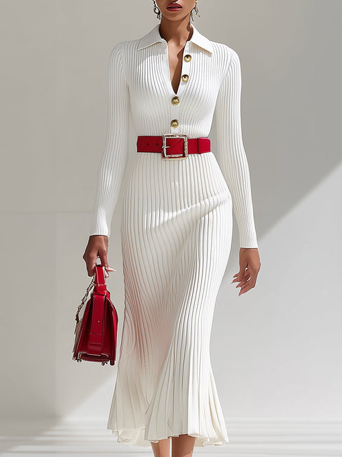 Maxi Robe en Laine Blanche avec Détails Boutonnés au Col