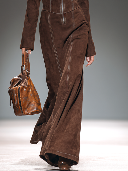 Robe Maxi Vintage Western à Capuche et Fermeture Éclair en Suédine