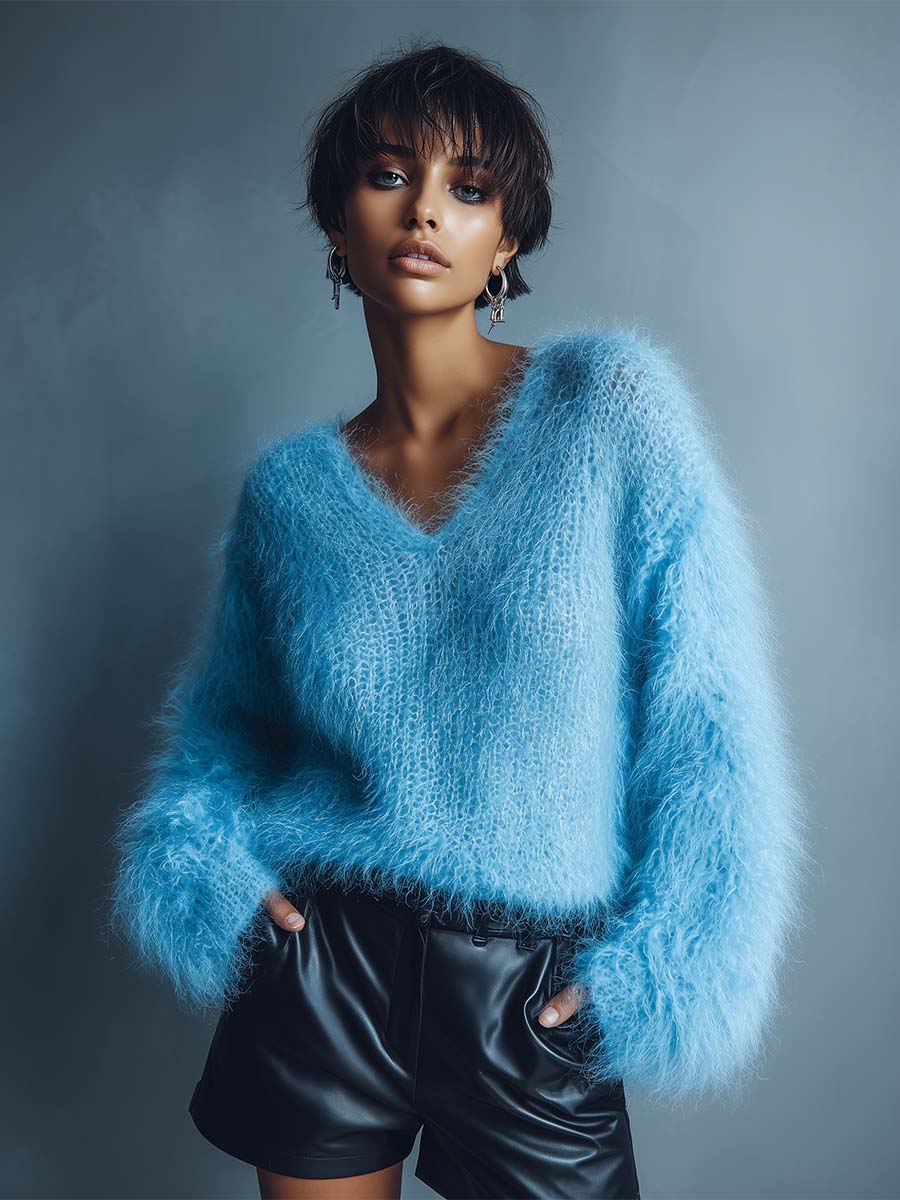 Pull léger en laine bleu clair à col en V - Élégance décontractée