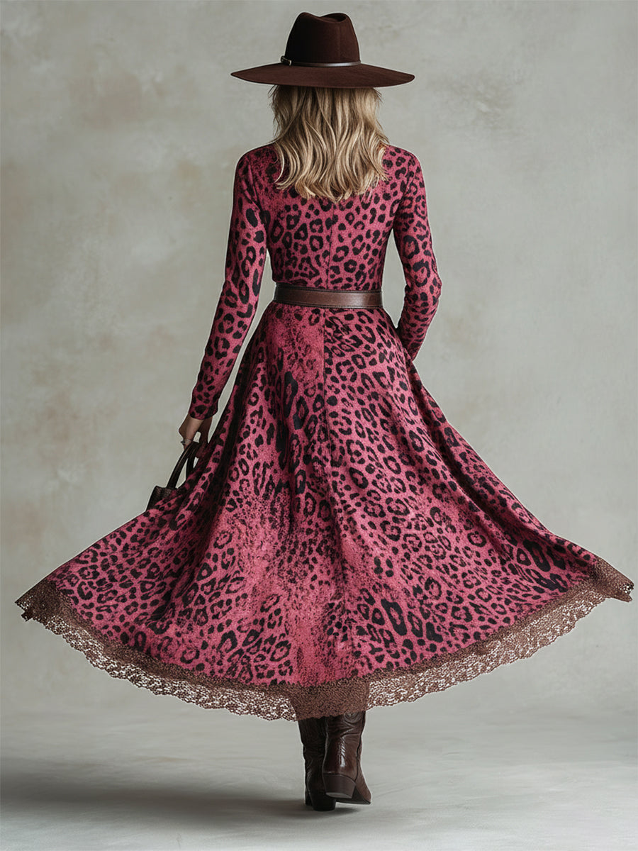 Robe Maxi en Suédine Imprimé Léopard Rose avec Ourlet en Dentelle Vintage Style Western