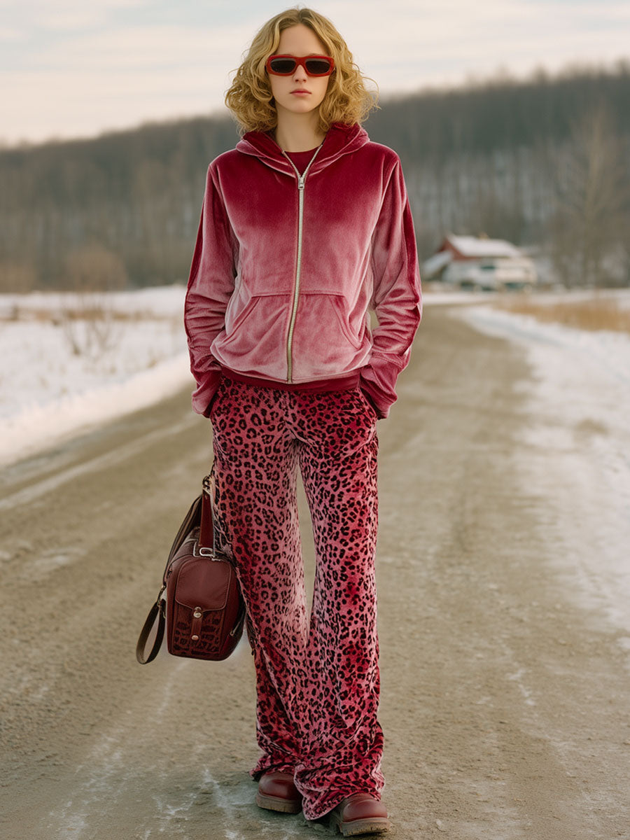 Ensemble Chic en Velours Rose Dégradé avec Pantalon Imprimé Léopard