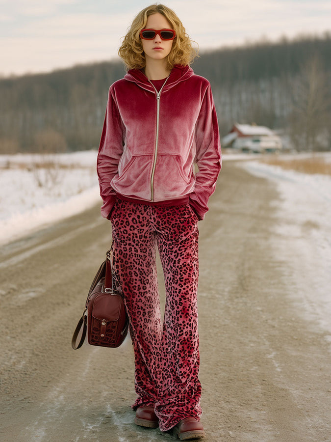 Ensemble Décontracté : Sweatshirt en Velours Rose Dégradé et Pantalon Imprimé Léopard