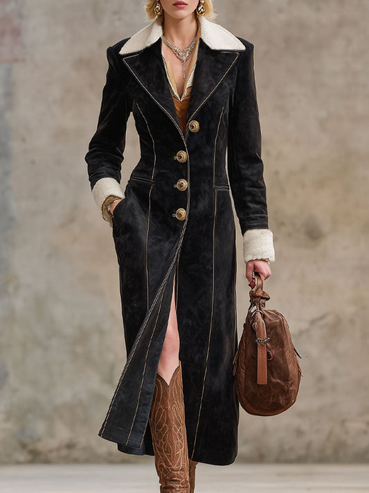 Veste en faux suède avec col sherpa, style western à boutonnage classique