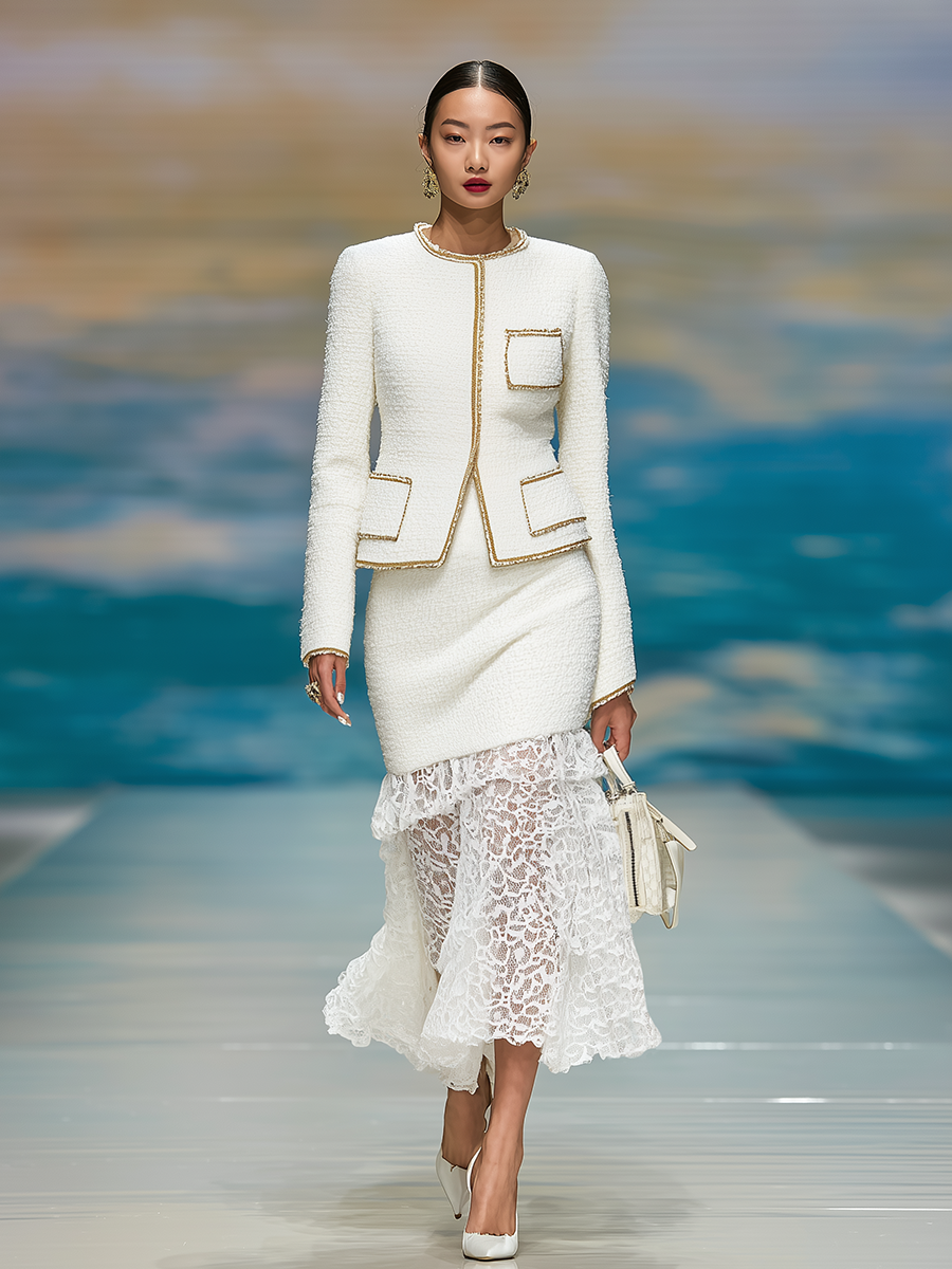 Ensemble Élégant en Tweed : Veste à Col Rond et Jupe à Bord Contrastant