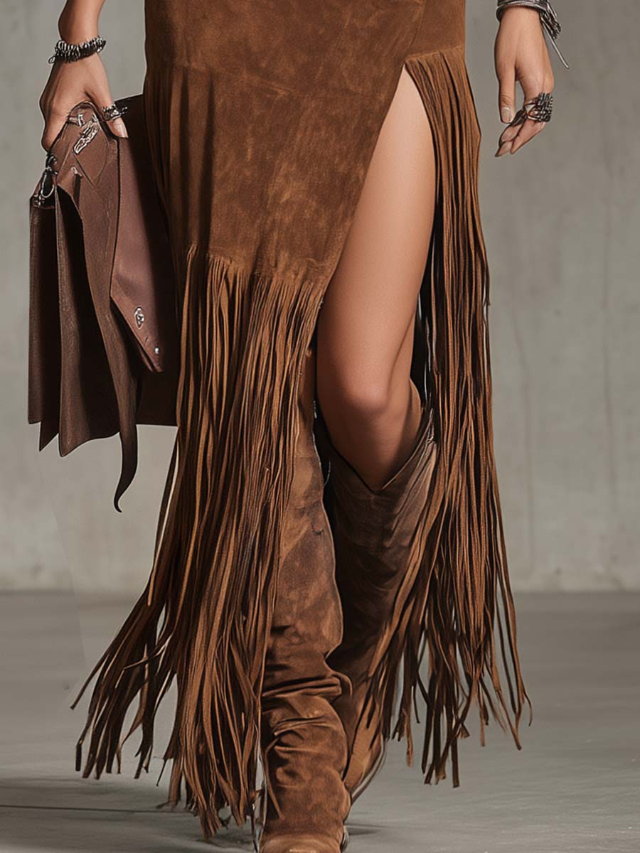 Exquisite Brown Asymmetrical Suede Maxi Skirt with Fringe and Vintage Western Patchwork