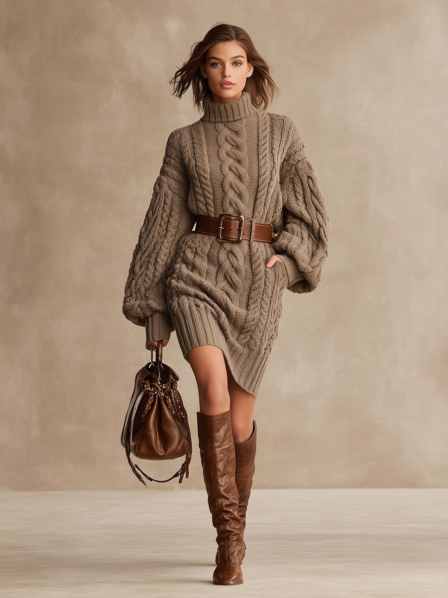 Robe Mini Vintage en Tricot à Câbles avec Col Montant et Manches Longues