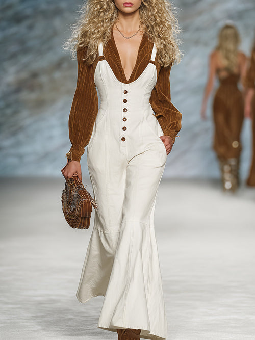 Salopette Blanche au Style Western avec Boutons Vintage