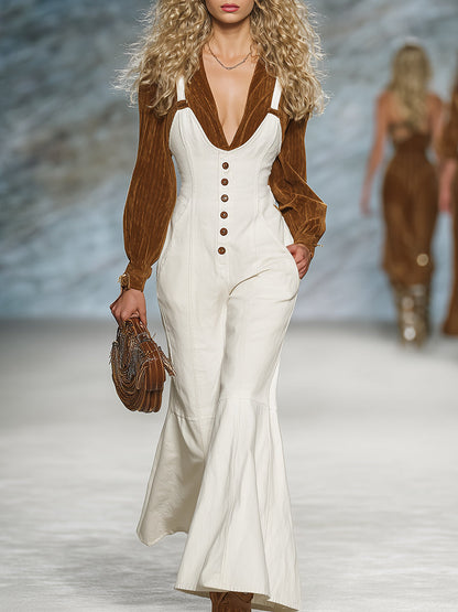 Salopette Blanche avec Éléments de Boutons Vintage Style Western