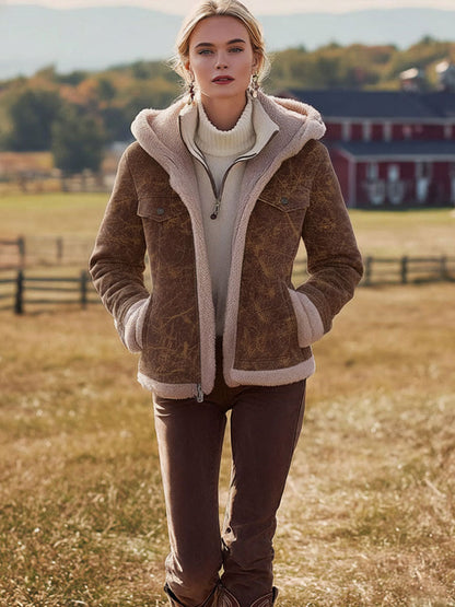 Veste à Capuche en Suède Synthétique Texturé Marron avec Doublure en Fleece Polaire Style Western Vintage