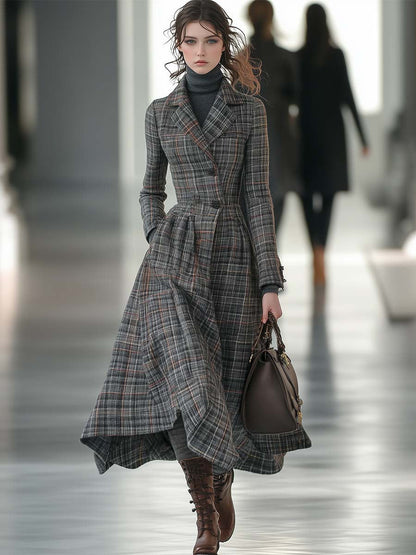 Chic Manteau en Laine à Carreaux Grisés au Style Rétro avec Revers