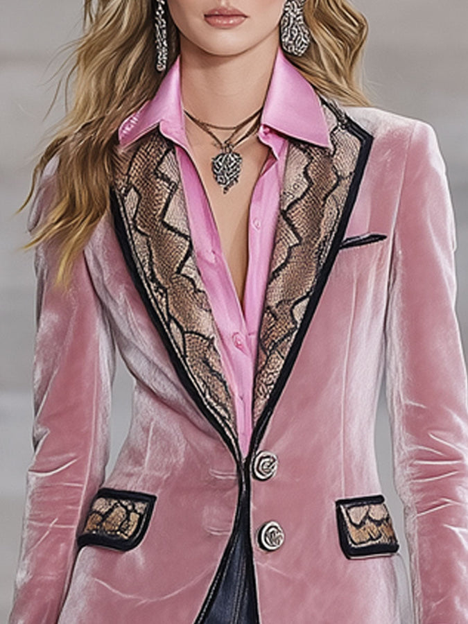 Veste en Velours Rose avec Imprimé Serpent au Style Western Rétro