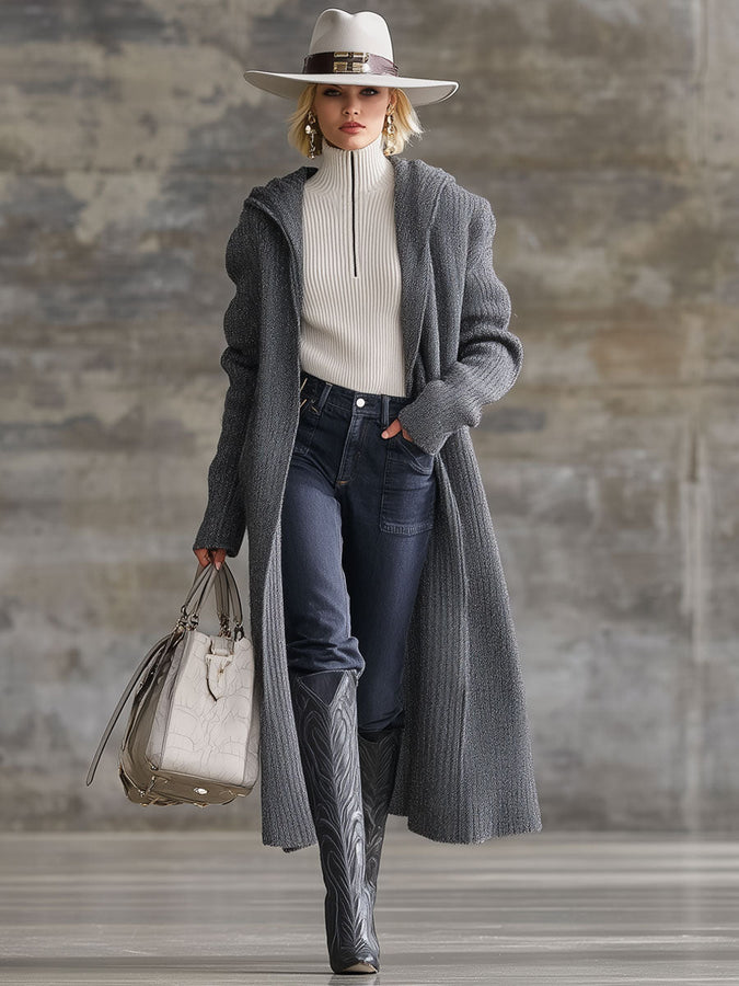 Cardigan à Capuche Tricoté Grisé - Style Décontracté Rétro