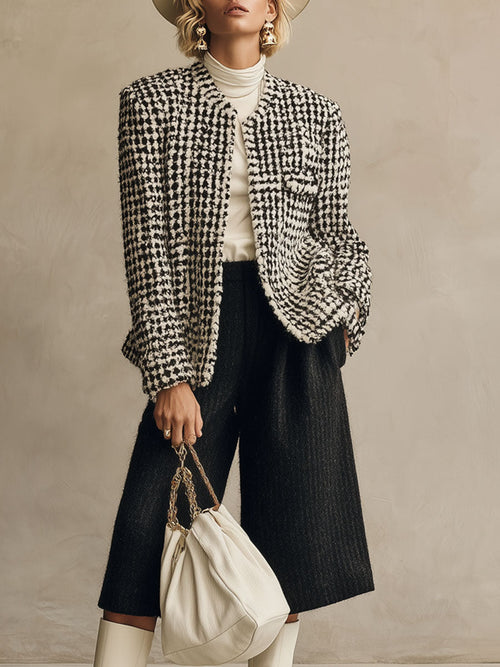 Ensemble Chic : Veste en Tweed Oversize et Pantalons Évasés