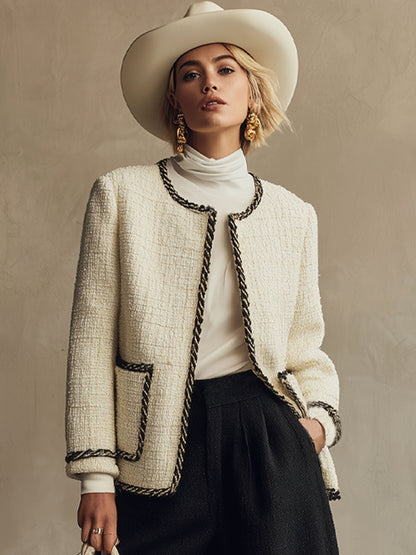 Chic Ensemble en Tweed : Veste Oversize à Col Rond et Pantalons Croisés à Jambes Larges