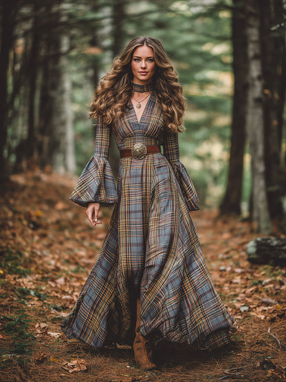 Robe Maxi Vintage à Motif Carreaux avec Manches Évasées et Col en V