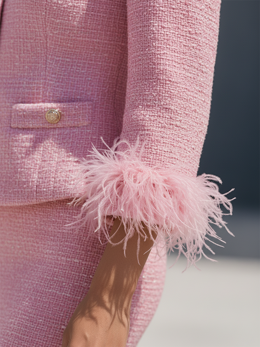 Chic Ensemble en Tweed : Veste à Col Rond et Jupe à Boutons